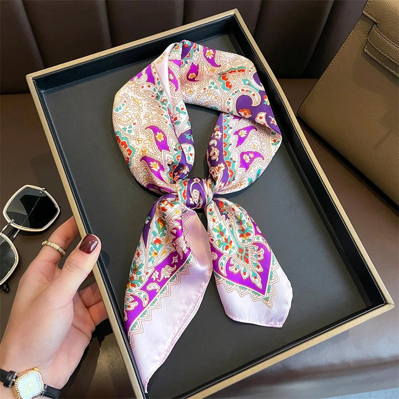 Silk Square Scarf 70x70cm Floral Satin Wrap for Women