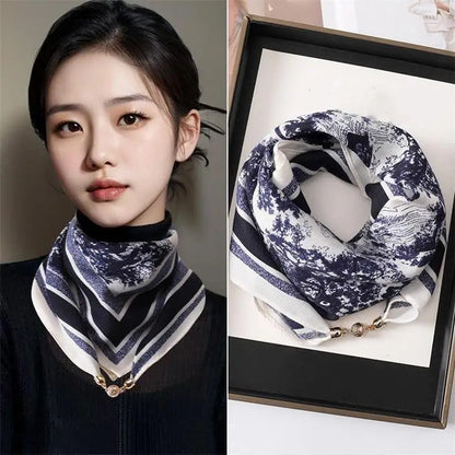 Silk Scarf for Women with Magnetic Buckle, Printed Square Design