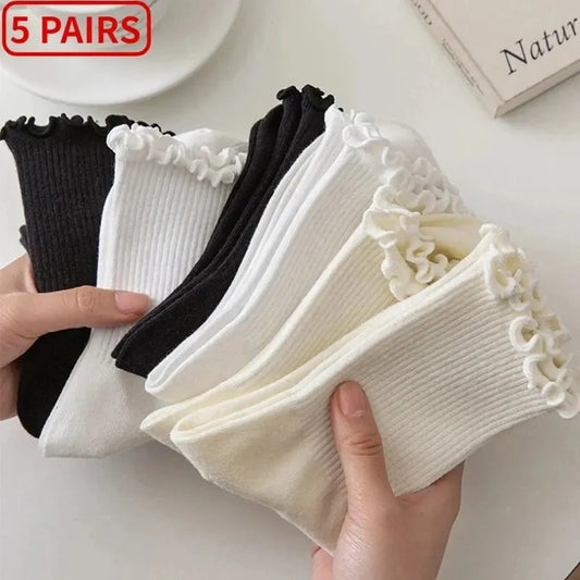 Women’s Ruffle Socks Breathable Mid Tube 5-Pair Set