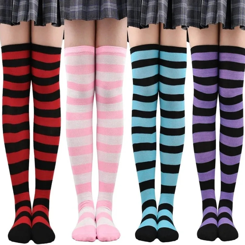 Women's Striped Thigh High Stockings – Black, White & Pink
