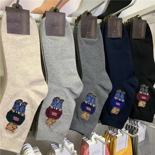 Men's Cotton Crew Socks, Novelty Bear Pattern Breathable Knit