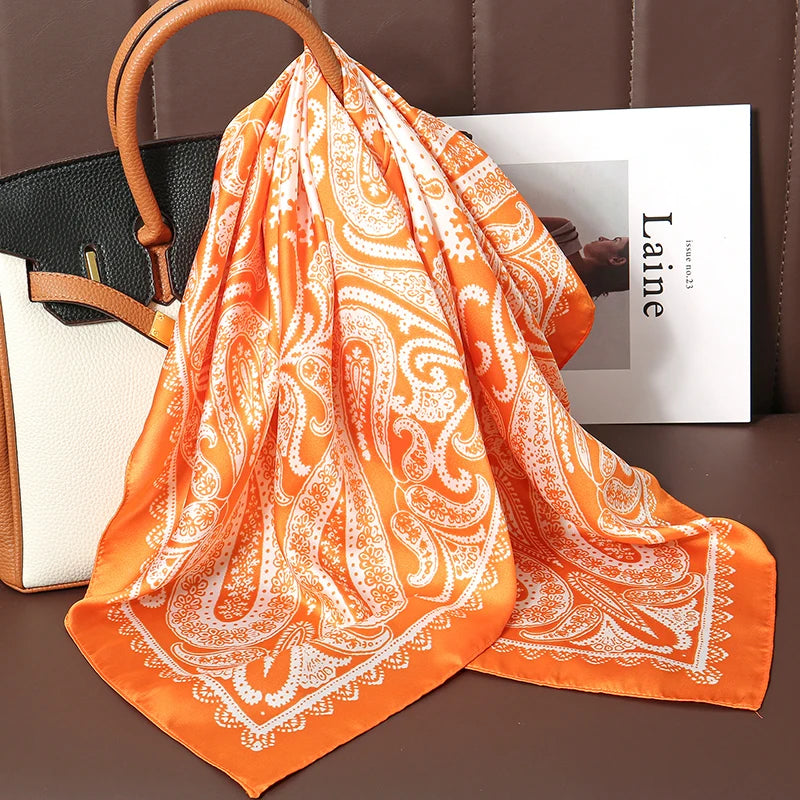 Silk Square Scarf 70x70cm Floral Satin Wrap for Women