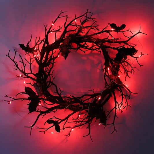 Halloween Bat Wreath with LED Light, Black Branch Door Decor