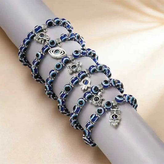 Evil Eye Bracelet, Blue Beaded Butterfly Charm Jewelry