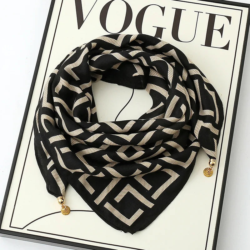 Silk Scarf for Women with Magnetic Buckle, Printed Square Design
